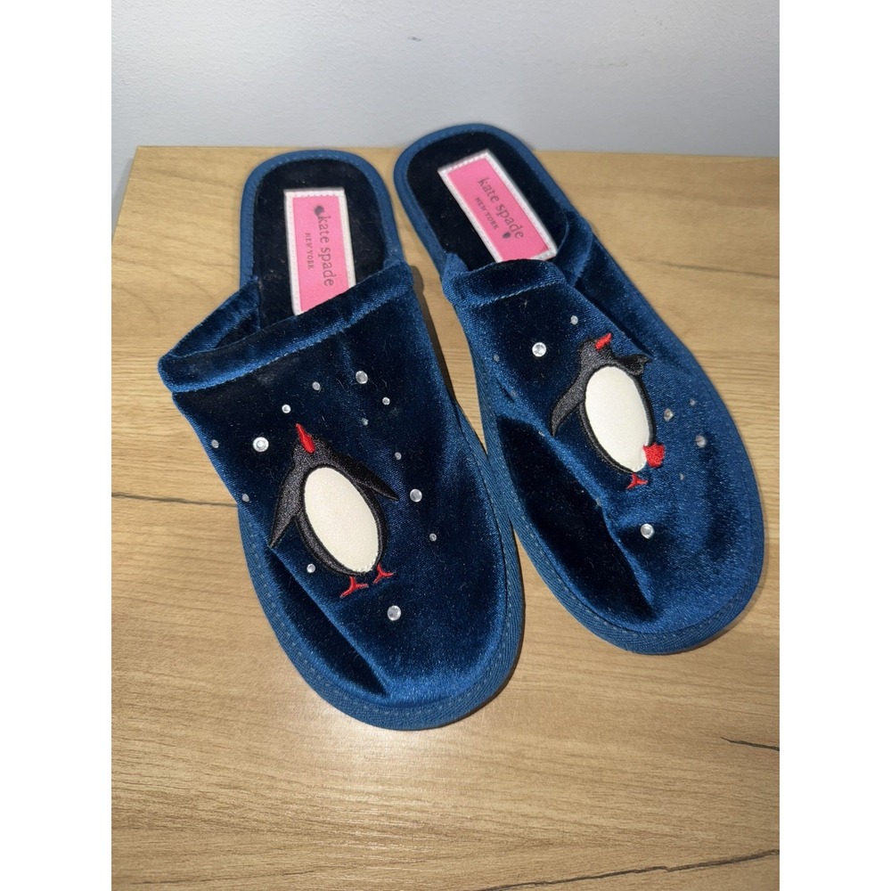 Kate Spade Jolie Velvet Navy Blue Slippers With Penguin Design, Size 8 NWOT C